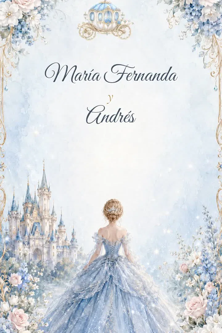 Diseño azul de una invitación digital en video para quince años