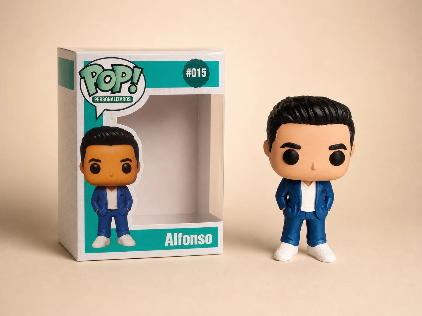 Figura 3D coleccionable personalizada de un profesional junto a su empaque