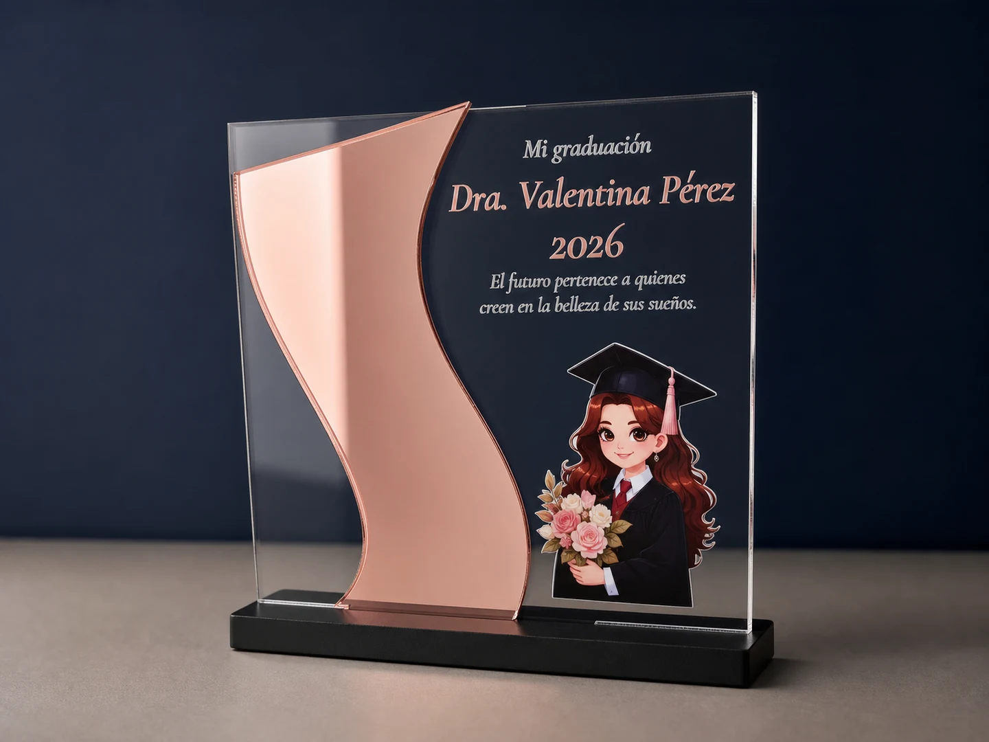 Reconocimiento de graduación en acrílico transparente y espejo oro rosa